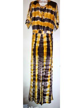 Ikalook Boho Tie Dye Wide Leg Jumpsuit Maxi Romper Yellow Brown One-Piece Suit M